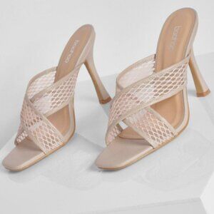 Boohoo Nude Fishnet Mesh Strap Square Toe Vegan Leather Mule Heels NWT 9/40